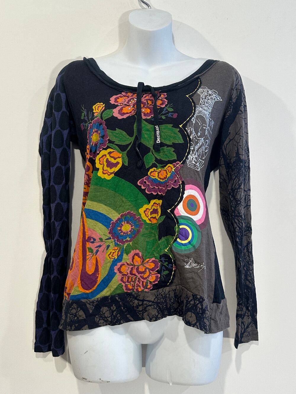 Vintage Desigual Patchwork Geisha Target Graphic Long Sleeve Top Medium